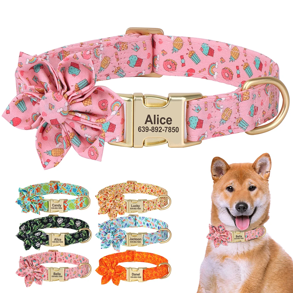 Collar personalizado con hebilla para perro, Collar con estampado de nailon para identificación de mascotas, grabado gratis, accesorio de flores para perros pequeños y grandes