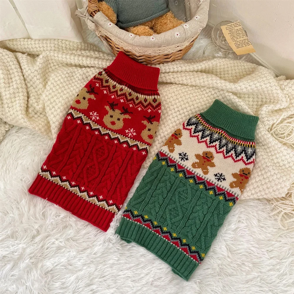 Suéter navideño de reno rojo y verde para mascotas, Jersey de punto cálido para invierno, sudadera, ropa para perros pequeños y medianos y gatos - imagen 4