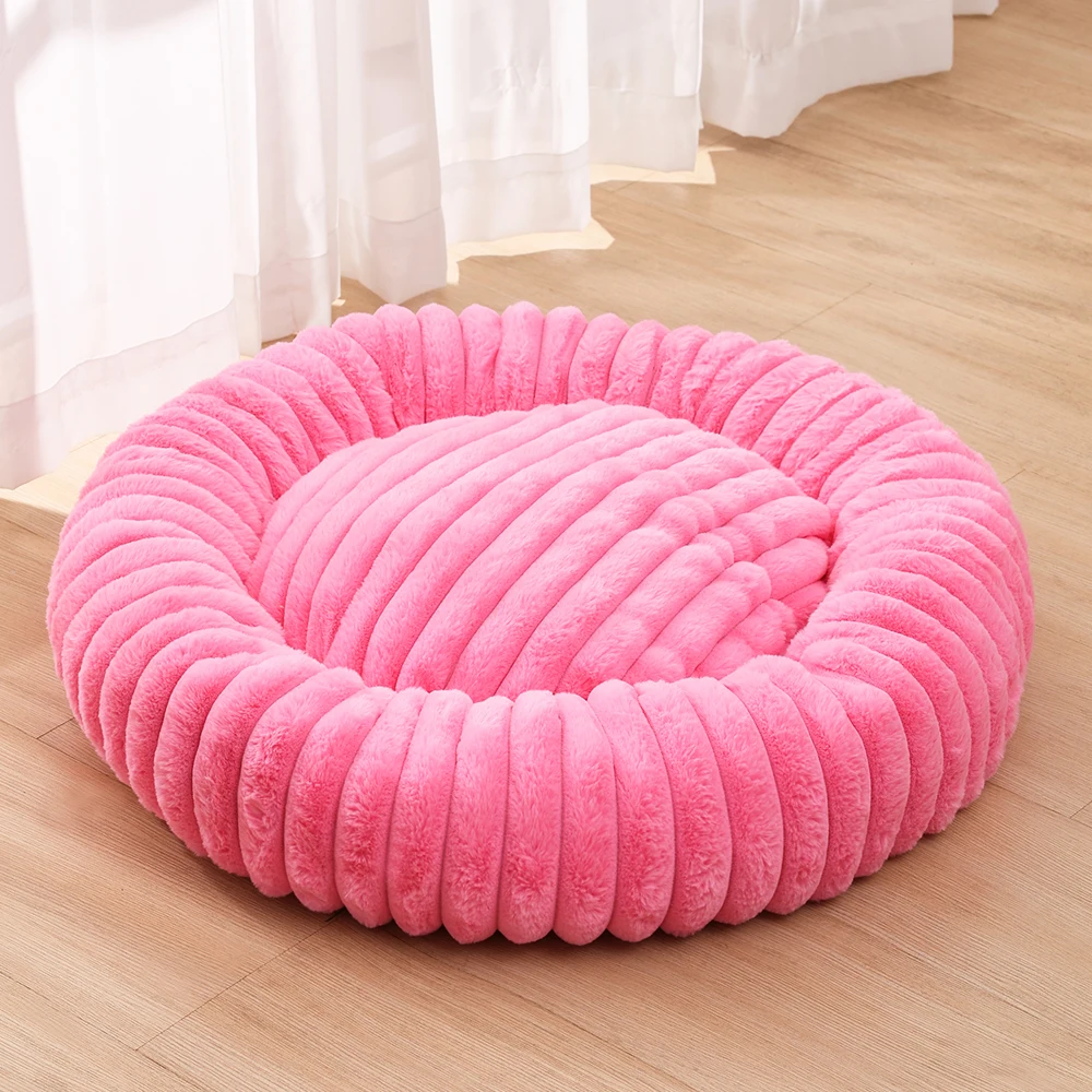 Cómoda cama redonda de relleno completo para gatos pequeños, sofá grande para perros, perrera a rayas, elástica, cálida y suave, accesorios para cama nido para cachorros de invierno - imagen 3