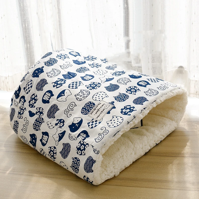Cama de tela de terciopelo cálida para gatos, perros, invierno, otoño, cómoda, suave, tipo cubo de lana, saco de dormir azul para gatitos, casa para mascotas - imagen 5