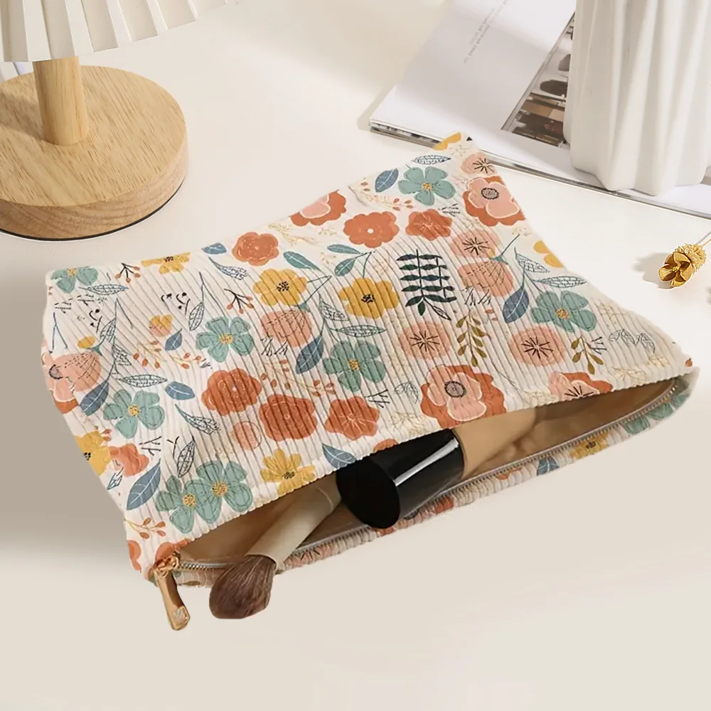 1 bolsa de maquillaje de pana con estampado floral, caja de almacenamiento de maquillaje ligera con cremallera, bolsa multifuncional con forro - imagen 3
