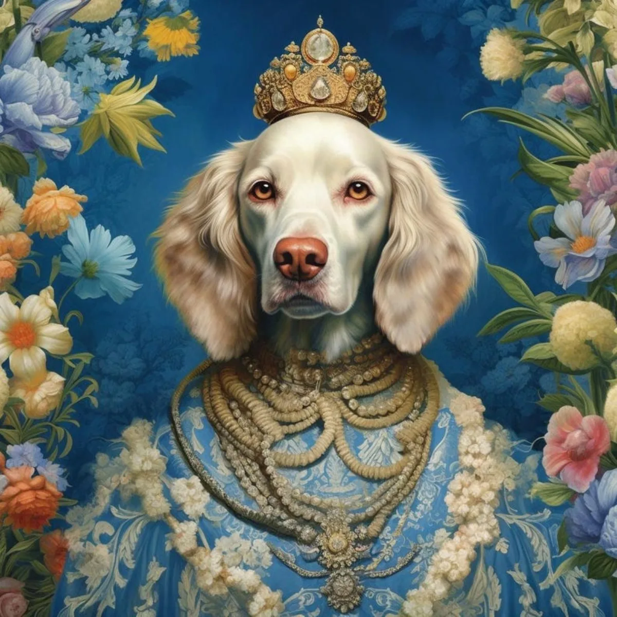 ATUBAN Retrato de mascota real personalizado, pintura de perro renacentista, retrato de perro real, pintura de retrato de animal, retrato floral de mascota