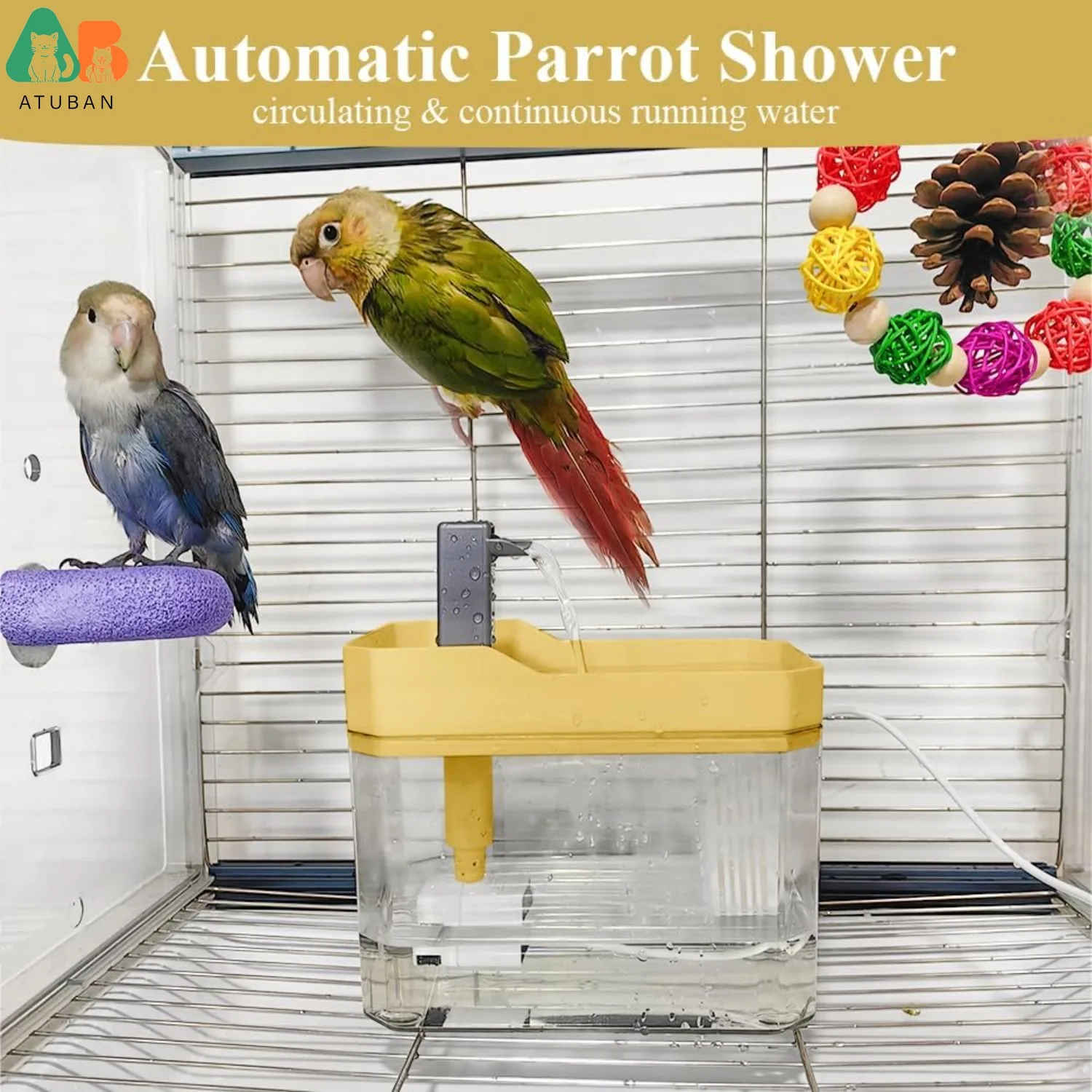 ATUBAN Baño automático para pájaros con periquitos con bomba, fuente de ducha para pájaros, bañera interior con agua corriente, grifo para bañera para loros