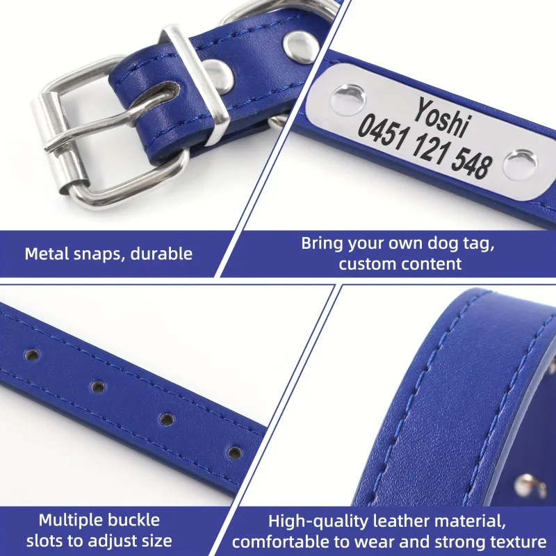 Collar de perro personalizado con nombre, etiqueta de identificación tallada, Collar de cuero PU sólido antipérdida para perros pequeños, medianos y grandes, suministros para cachorros y gatos - imagen 4