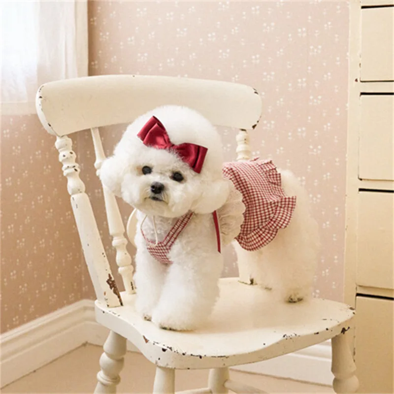 Vestido de tirantes para primavera/verano para mascotas, bonito tocado con lazo, lazo para perro, vestido de princesa a cuadros de encaje, tocado, ropa para cachorros pequeños
