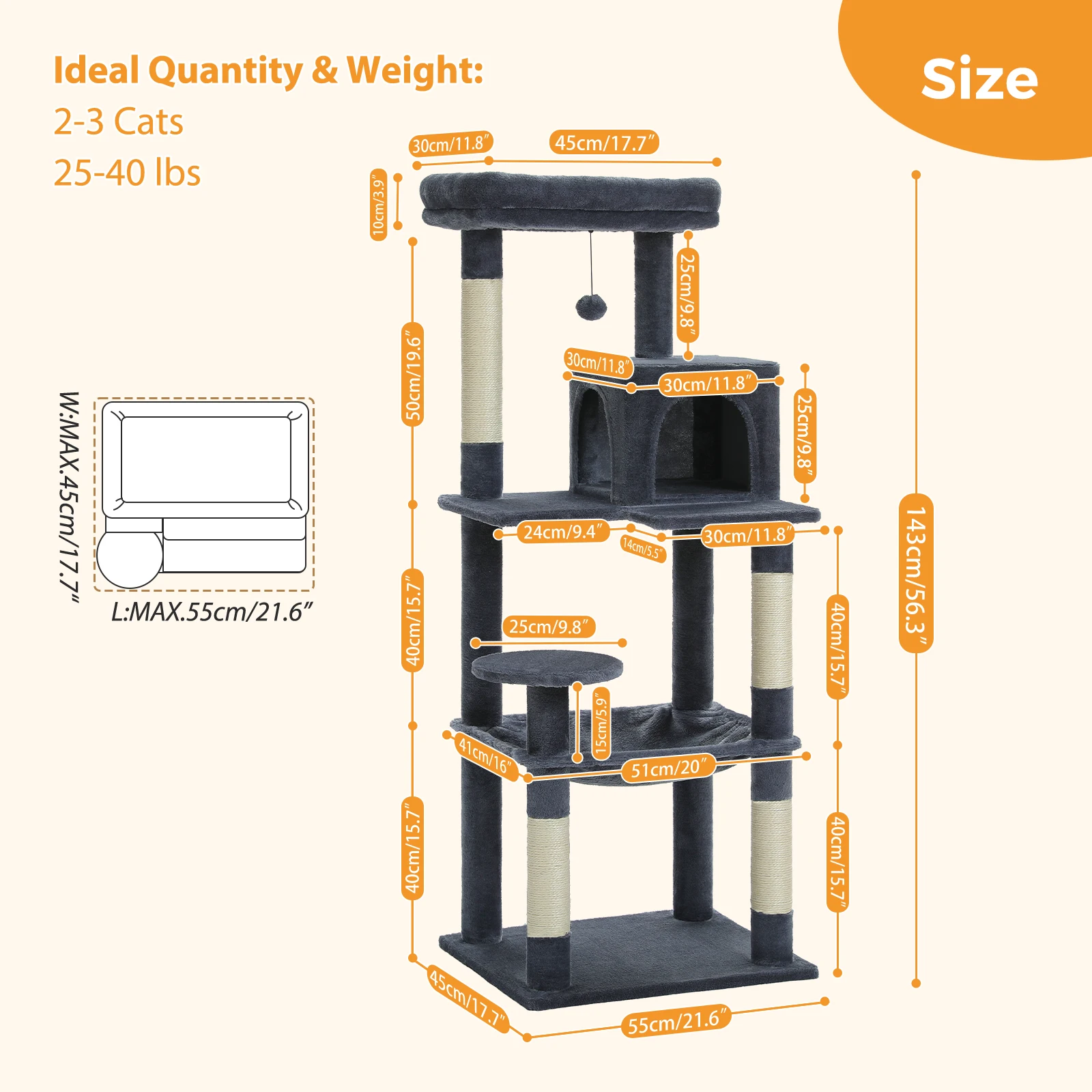 Árbol para gatos para gatos de interior, torre para gatos de varios niveles con hamaca súper grande, postes para rascar cubiertos de Sisal, Condo acogedor y perca superior - imagen 3
