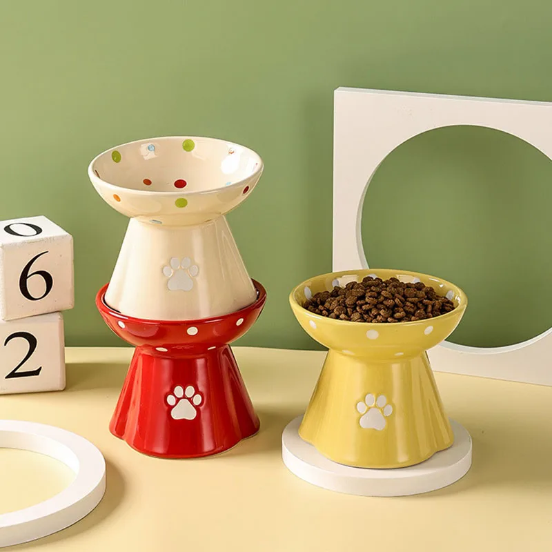 Plato de cerámica para mascotas, puntos coloridos, sin derrames, base alta, comida, alimentador de agua, contenedor con patrón de pata para perros y gatos - imagen 4