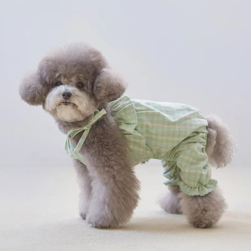 Ropa para perros de dos piernas con volantes alrededor de mono con tirantes a cuadros rosas, ropa para perros, sudadera para exteriores, XS-XL, mono de verano para perros de primavera - imagen 4
