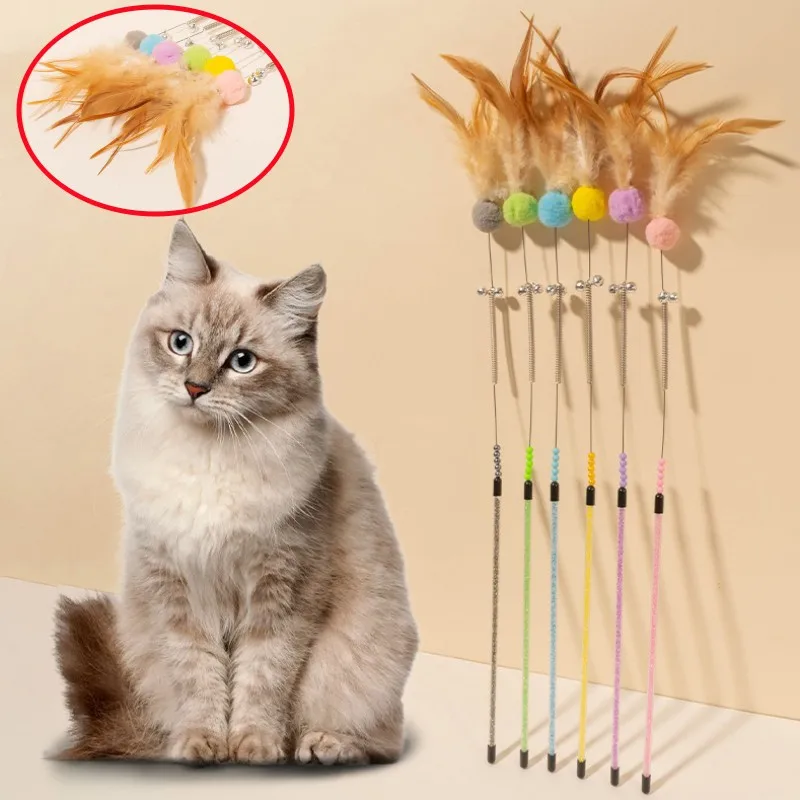 Juguetes para gatos, palo para gatos con plumas, alambre de acero resistente a mordeduras, pluma de resorte, juguete interactivo para gatos con campana, bola de lana, palos de juguete para gatitos