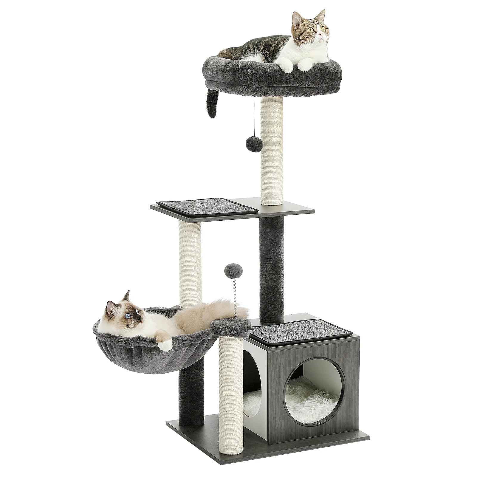 Casa de árbol moderna para gatos, torre de madera multicapa con poste de rascado de Sisal Natural, juguete de salto de escalada, altura de 110cm - imagen 4