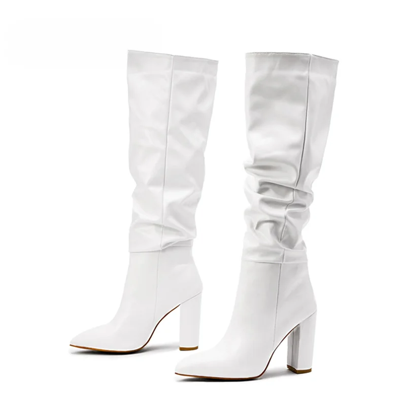 Botas Largas de cuero plisado blanco para Mujer, zapatos de tacón grueso hasta la rodilla para motocicleta, talla 35-42, Otoño Invierno - imagen 5