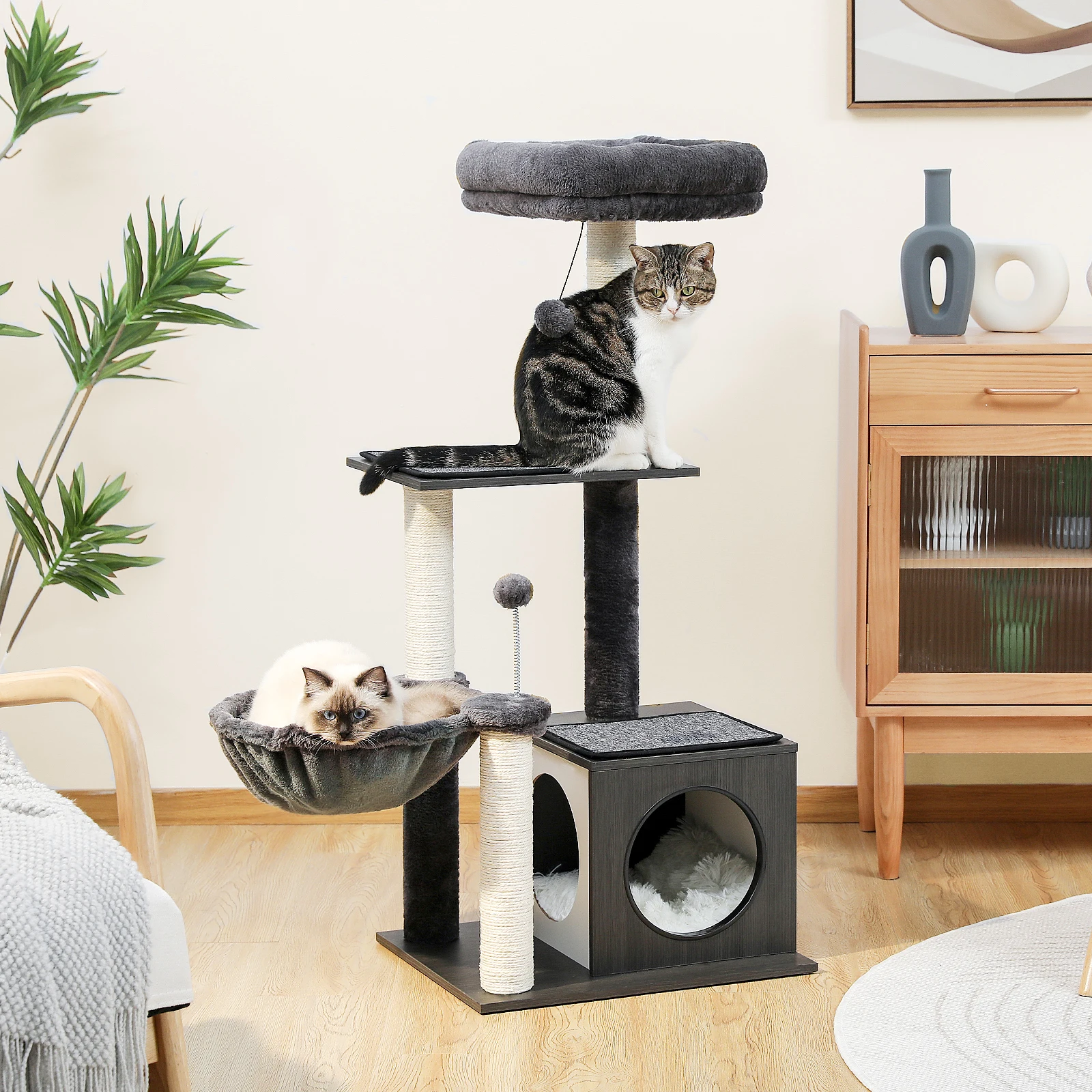 Casa de árbol moderna para gatos, torre de madera multicapa con poste de rascado de Sisal Natural, juguete de salto de escalada, altura de 110cm - imagen 2