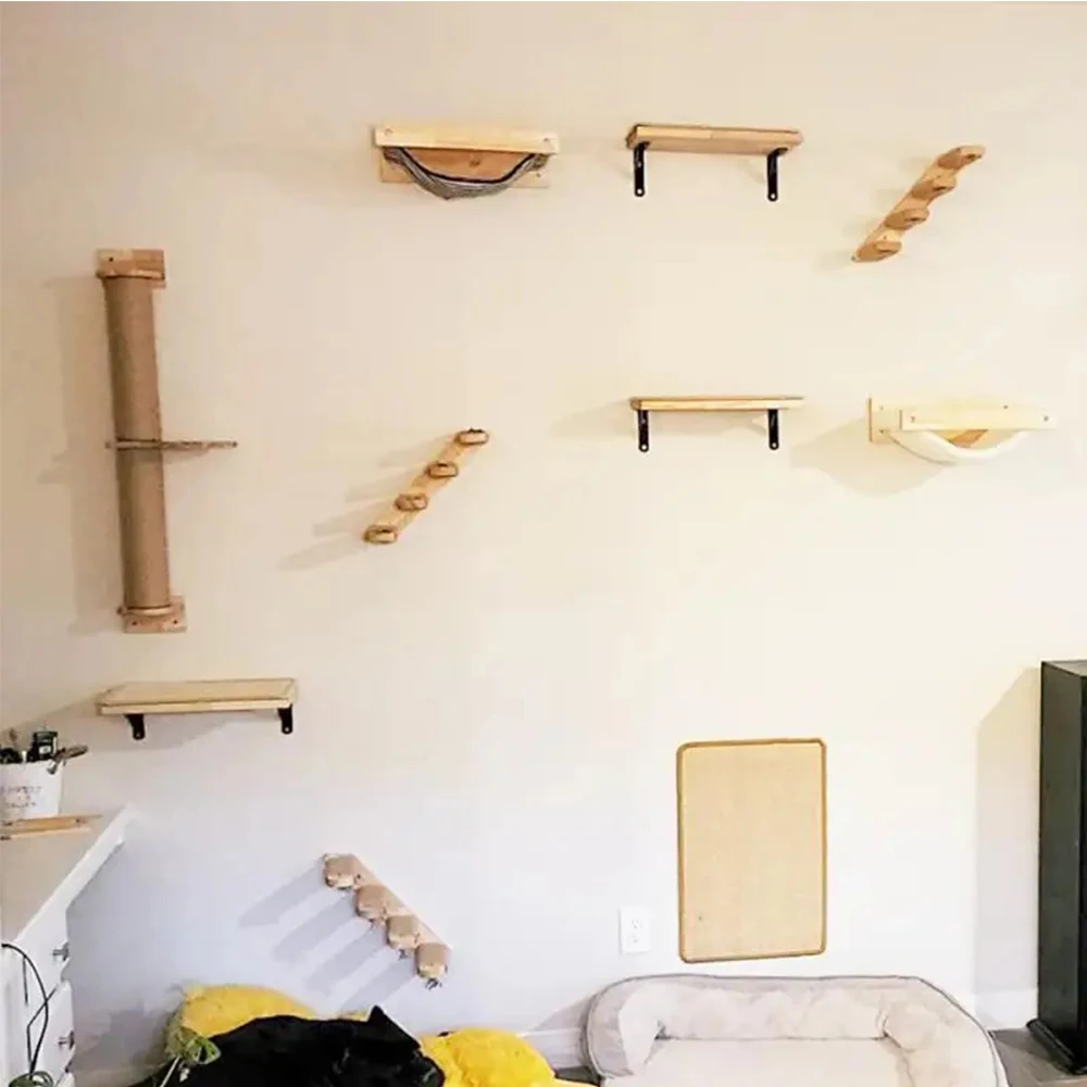 Escalera de madera montada en la pared para gatos, hamaca de Sisal, poste para rascar, soporte para gatos, cubierta mirador, muebles para dormir - imagen 2