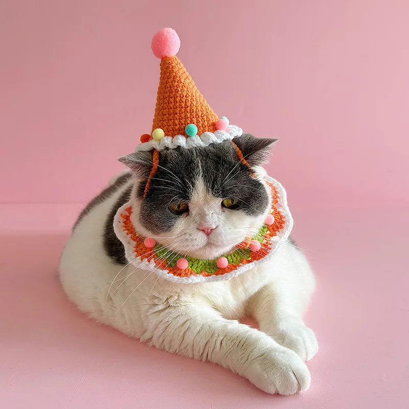 Sombrero de cumpleaños para Gato, vestido de fiesta para mascotas, decoración de fotos, cuello de perro, bonito conjunto hecho a mano, accesorios para perros pequeños y cachorros - imagen 4