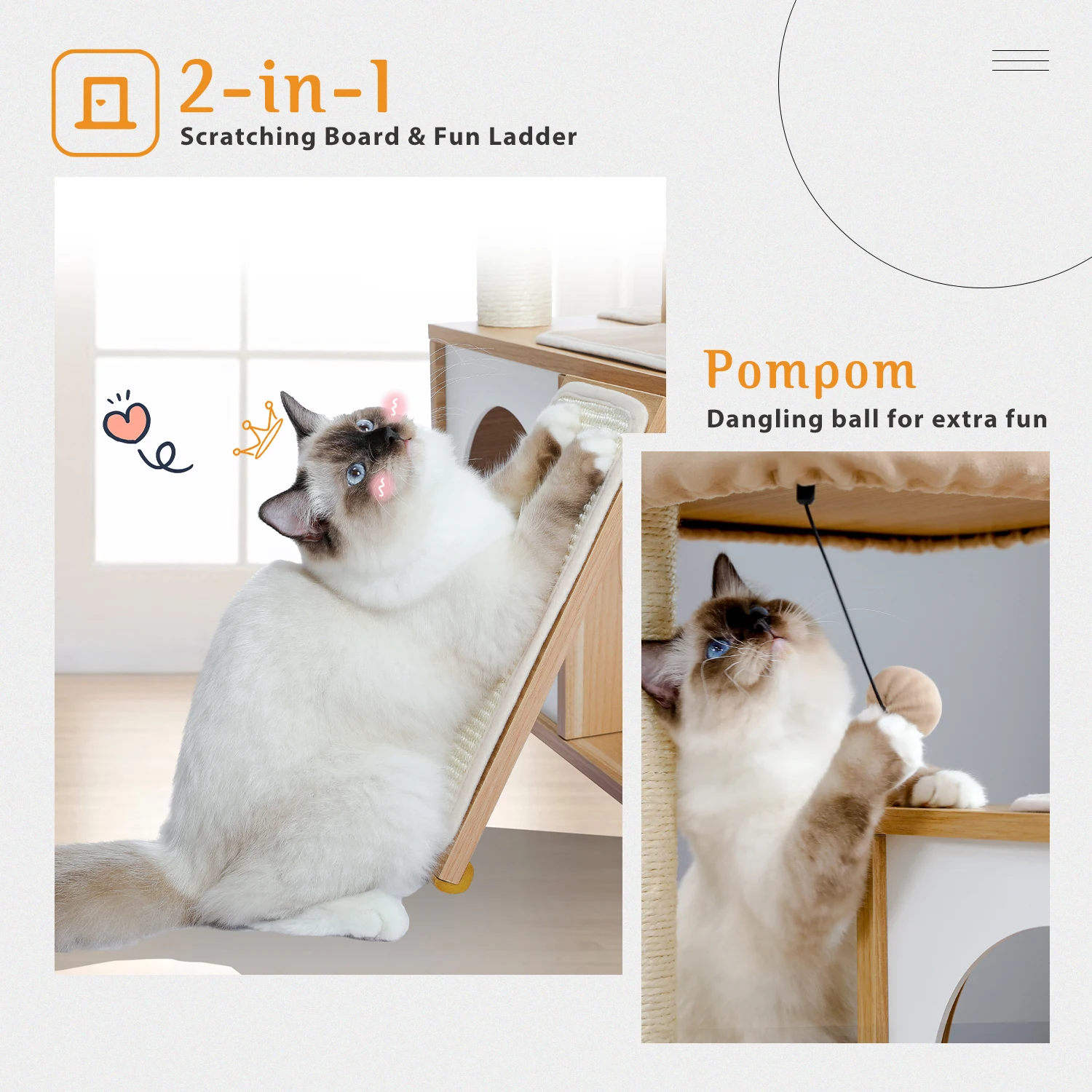 Torre de madera para gatos con condón doble, percha espaciosa, postes de Sisal para rascar completamente envueltos y bolas colgantes reemplazables - imagen 3