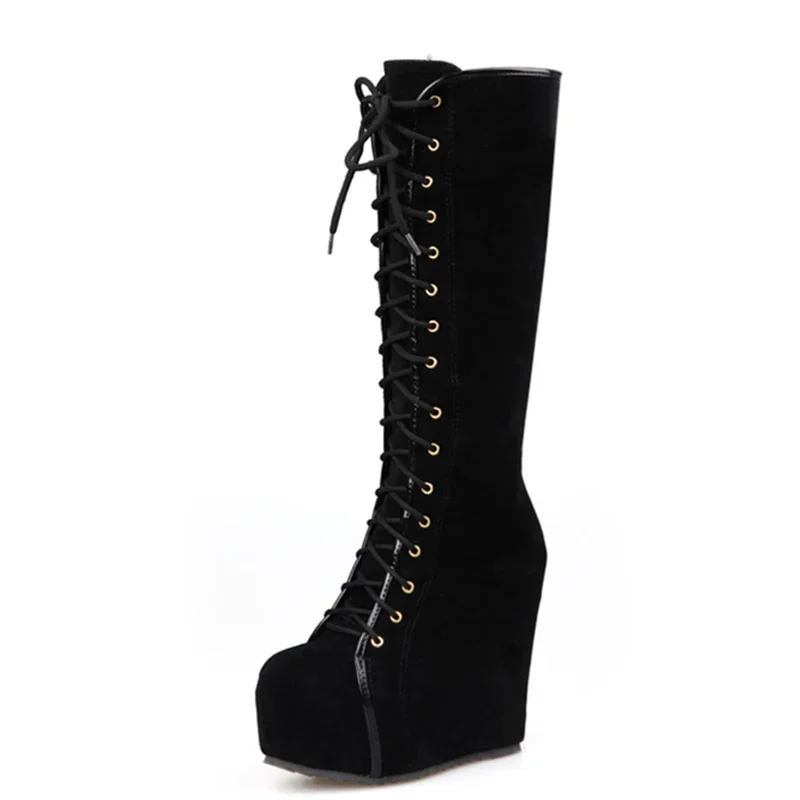 Botas hasta la rodilla a la moda para mujer, tacones de cuña sexis con plataforma, botas altas con cordones y punta redonda, zapatos de baile negros para niñas - imagen 2