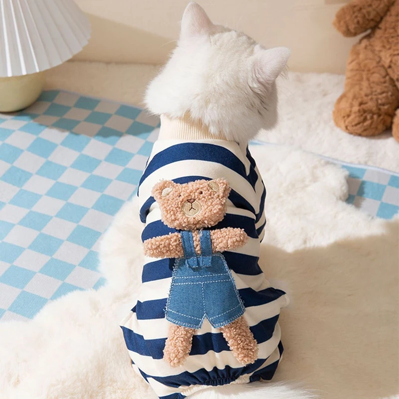 Sudadera de muñeco de oso de cuatro patas para perros, monos de gatito Unisex a rayas de otoño, camiseta, ropa para cachorros pequeños de Bulldog Francés - imagen 4