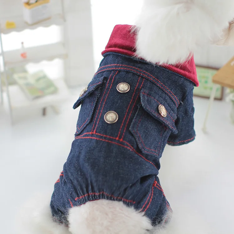 Abrigo con cuello de terciopelo para mascotas, ropa para perros pequeños y medianos, conjunto informal de vaquero, ropa de algodón de cuatro patas, ropa de invierno de dos piernas - imagen 4