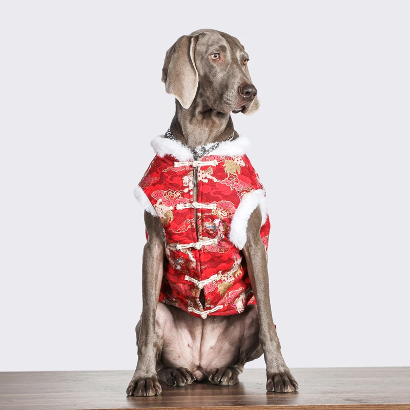 Traje chino de lujo hecho a mano, ropa roja para perros grandes, ropa para perros medianos y grandes, chaleco para perros, disfraz de Labrador Golden Retriever