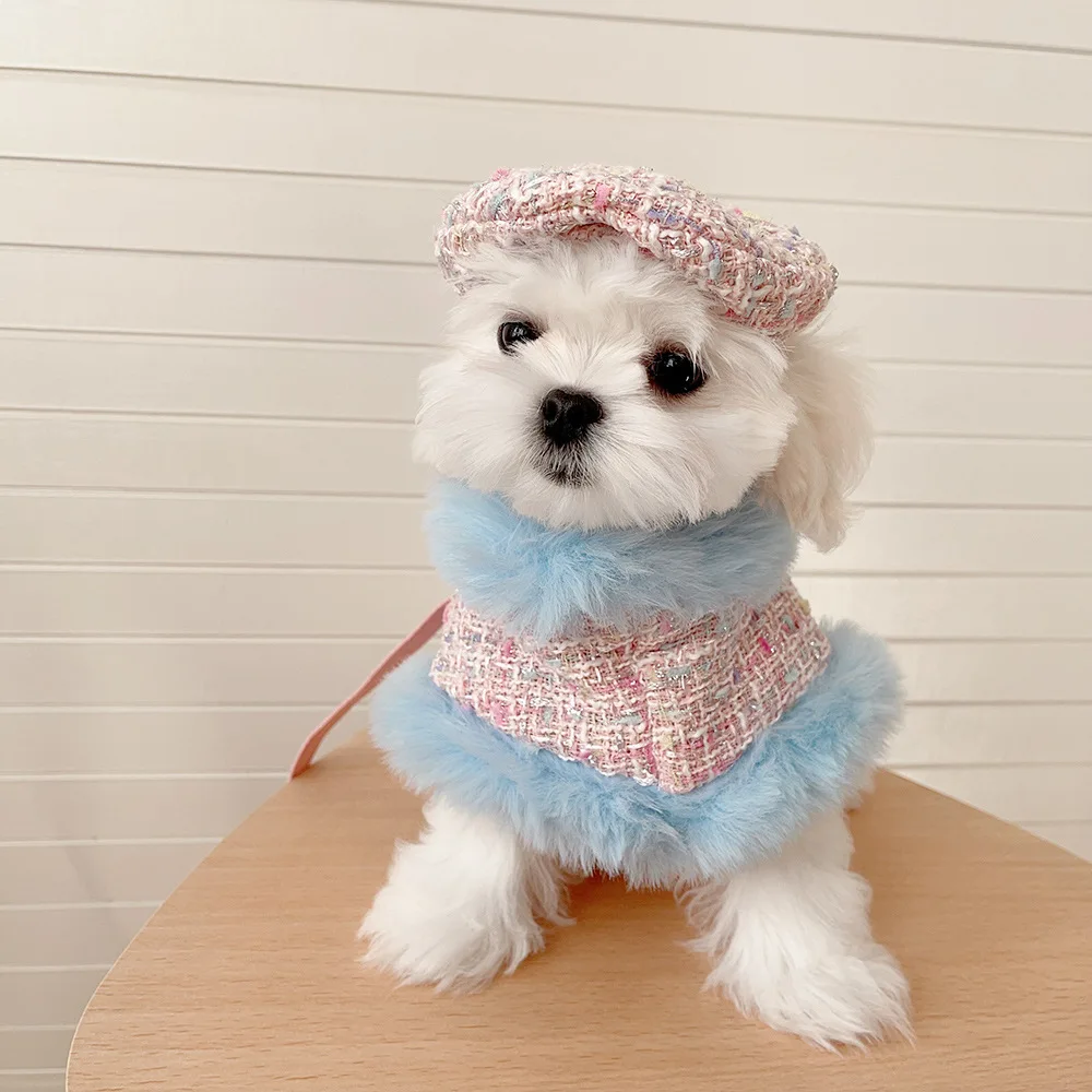 Ins Tweed Cloak Puppy Coat Pet Cloak Pet Supplies Cape Dog Chest Strap Drawstring Cute Beret Dog Harness Dogs Accessories