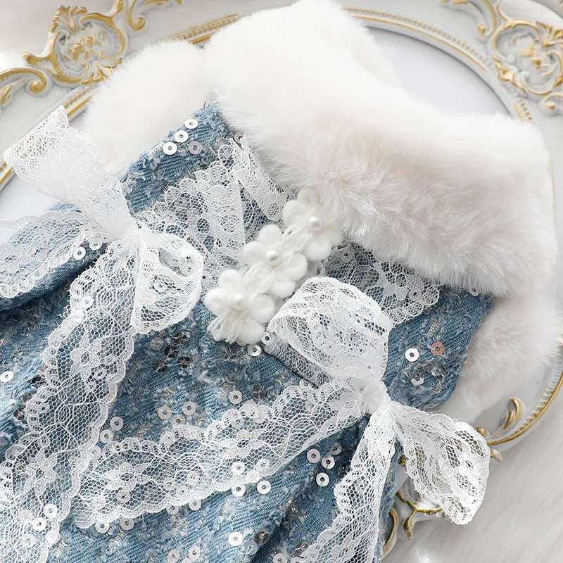 Ropa para perros, falda de invierno para gatos de otoño e invierno, ropa acolchada de algodón, lentejuelas vaqueras pequeñas y fragantes, suministros para mascotas de peluche para perros pequeños - imagen 4