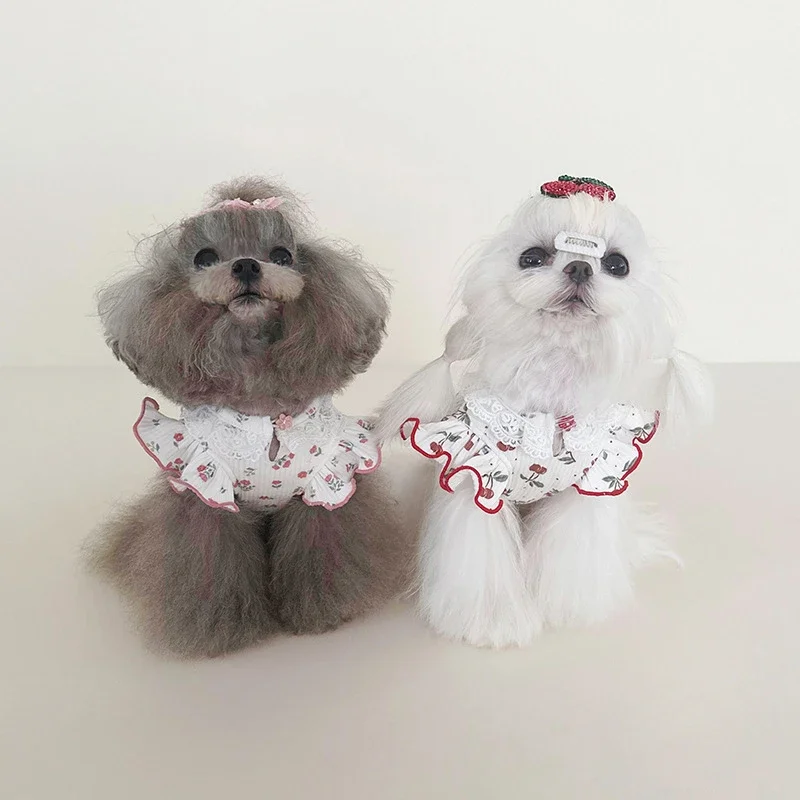 Camiseta de primavera y verano para mascotas, camisa Base de manga voladora de encaje Floral de cereza, chaleco bonito para Gato, ropa para cachorros, ropa para perros pequeños - imagen 2