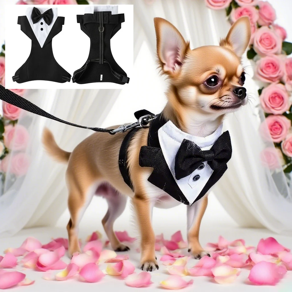 Arnés para perro esmoquin para caballero, traje de boda para cumpleaños y mascotas, chaleco Formal de malla para perro con pajarita para perros pequeños y medianos - imagen 3
