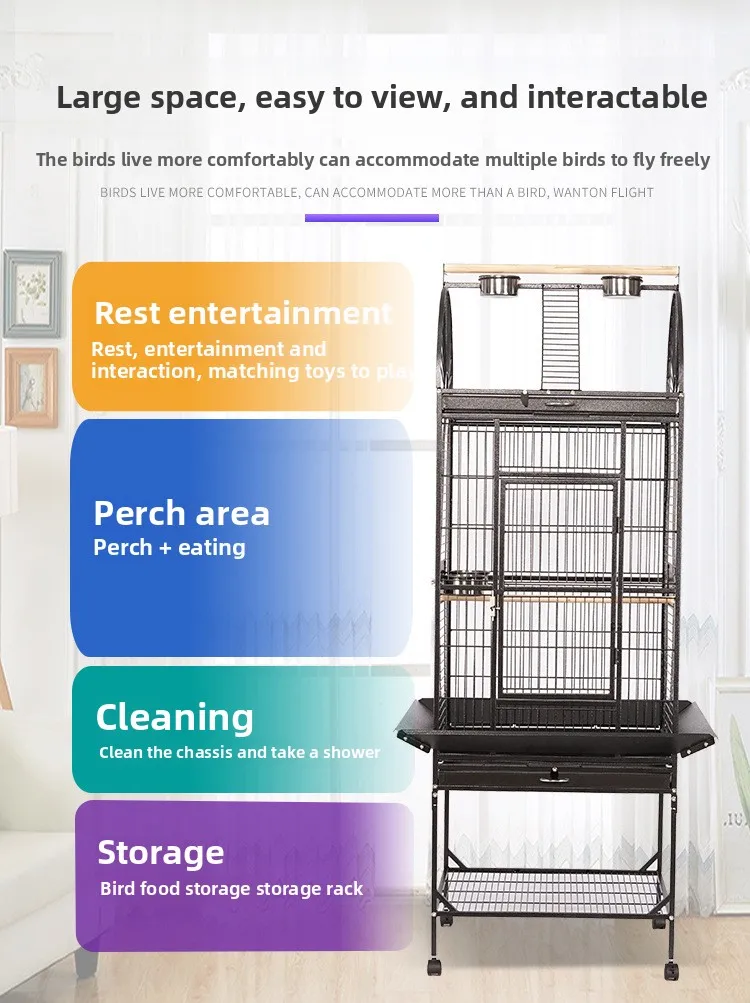 Interior de la jaula para pájaros con espacio para accesorios