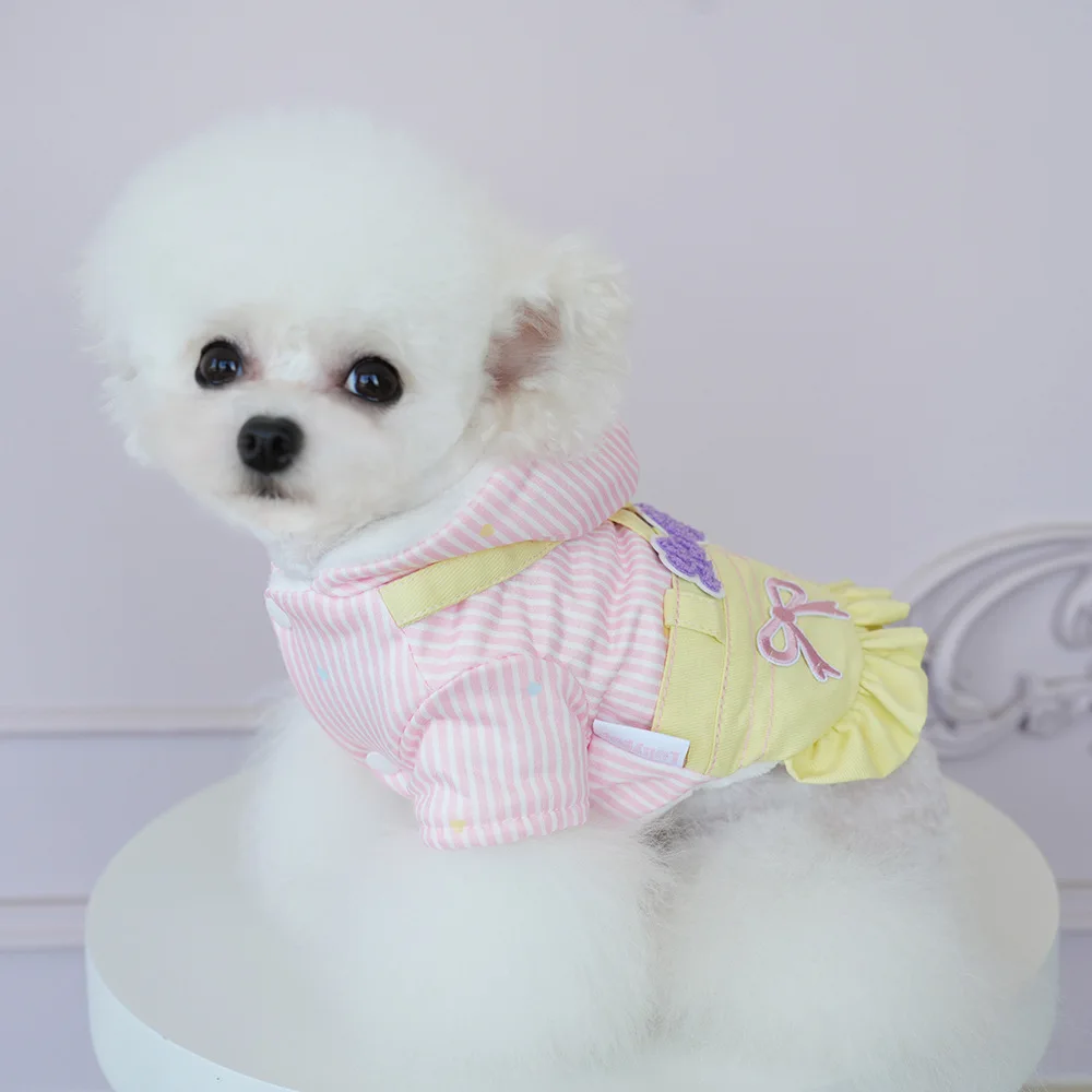 Abrigo a rayas para mascotas, falda vaquera con tirantes para el hombro, abrigo con capucha para otoño e invierno, ropa para perros, gatos y cachorros, ropa para perros pequeños - imagen 2