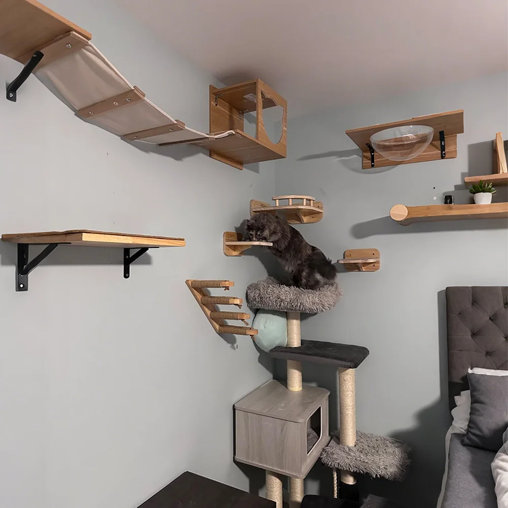 Sistema de muebles de pared para gatos, perchas de madera para gatos, postes rascadores de Sisal y hamaca, parque infantil para gatos montado en la pared para escalar gatitos - imagen 5