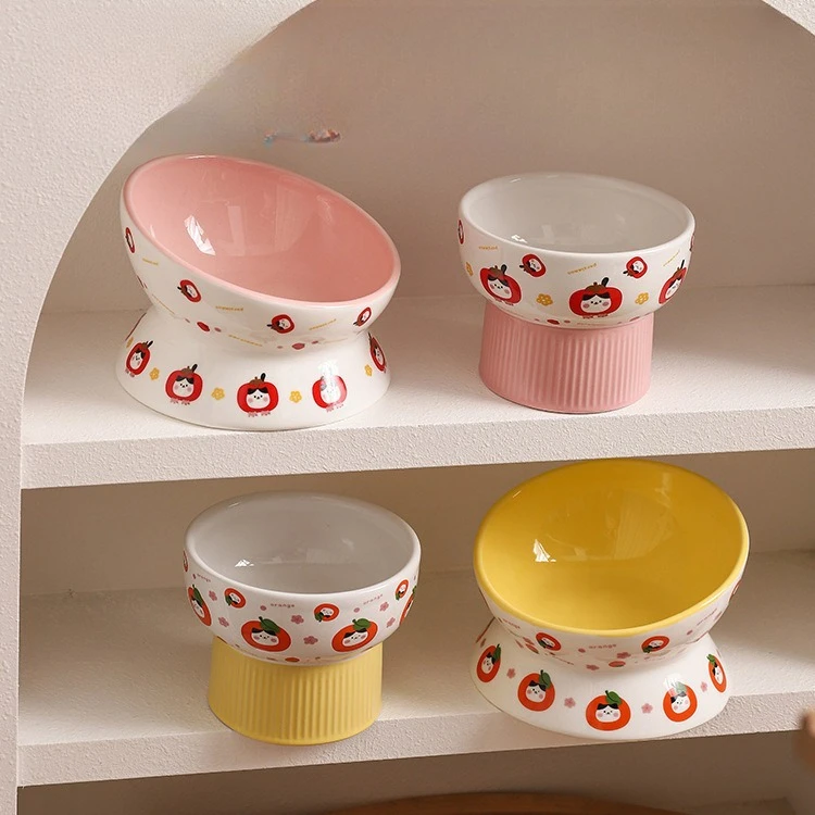 Cuenco de gato de dibujos animados, pie alto de cerámica, protección antiobturn, cuencos de comida de arroz con agua potable para perros cervicales, suministros, 1 ud. - imagen 4