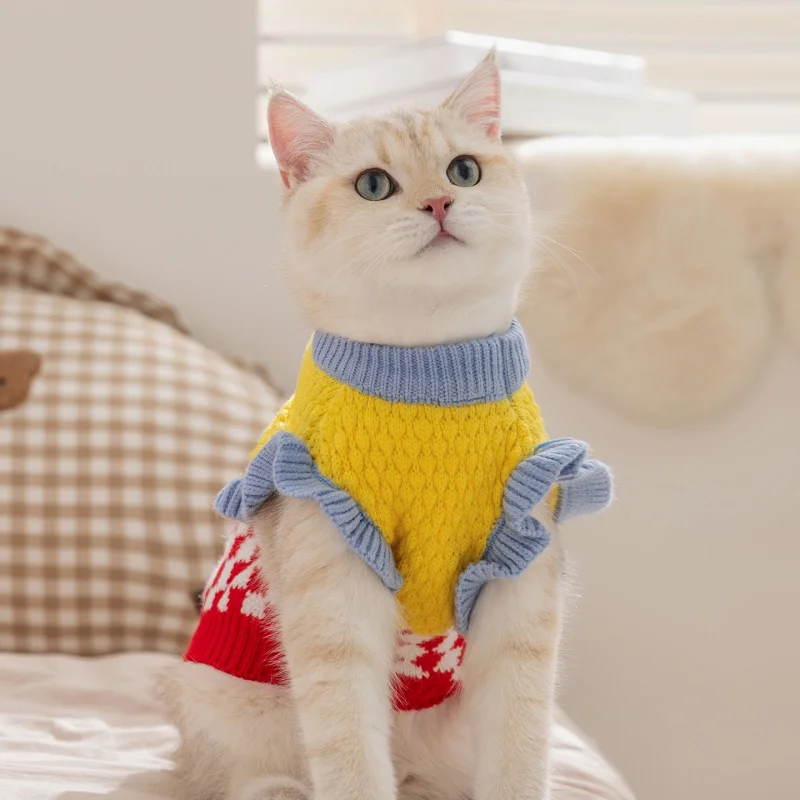 Suéter de punto para perro de invierno, ropa cálida y suave para perro, cuello alto para cachorro, suéter con estampado bonito para gato, jerséis para mascotas, trajes de Yorkshire - imagen 4