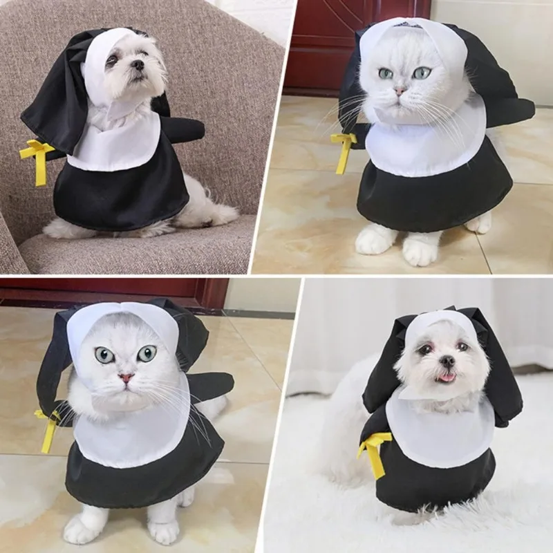 Conjunto de disfraz para mascotas, modelado tridimensional, estilo monja, vestido de Color contrastante, Cosplay, ropa transformadora para perros de Halloween - imagen 5