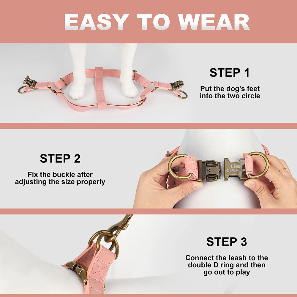 Arnés con hebilla de nombre de identificación de Pet de cuero PU personalizado, arneses duraderos para perros, chaleco para perros grabado gratis para perros pequeños, medianos y grandes, Pug - imagen 4