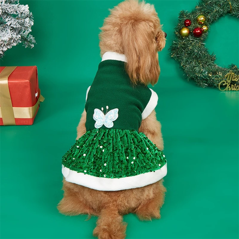 Feliz Navidad mascota perro vestido de invierno mariposa lentejuelas princesa niña gato monos a prueba de viento ropa de Festival para Bulldog Francés - imagen 2