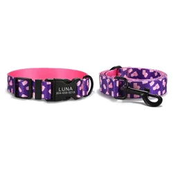 Collar con gravado + correa a juego para perro - Rosa