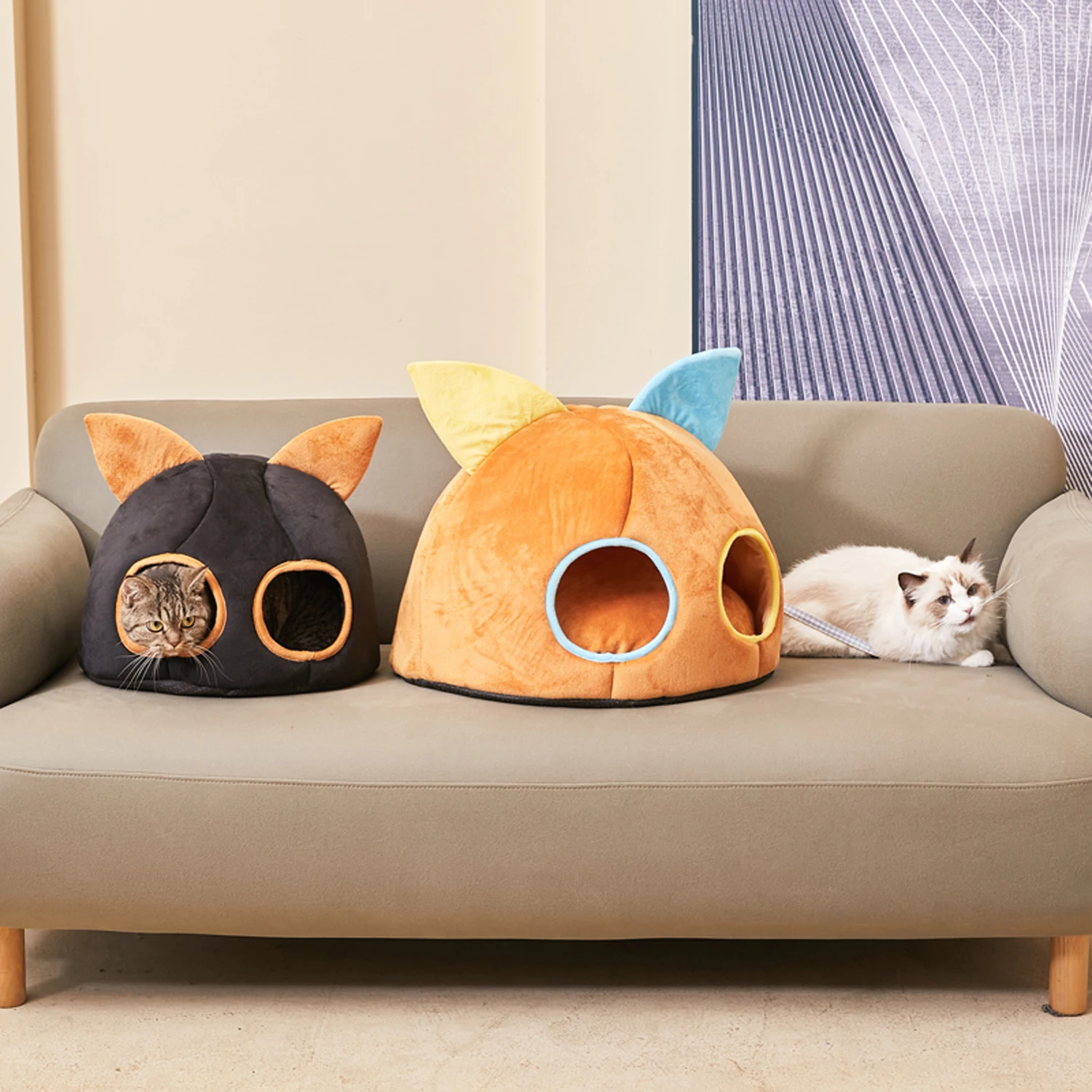 Cesta de cama para gatos pequeña y cálida para invierno, cómoda casa redonda para gatos con agujeros dobles, nido suave para gatos, accesorios para tienda a prueba de viento