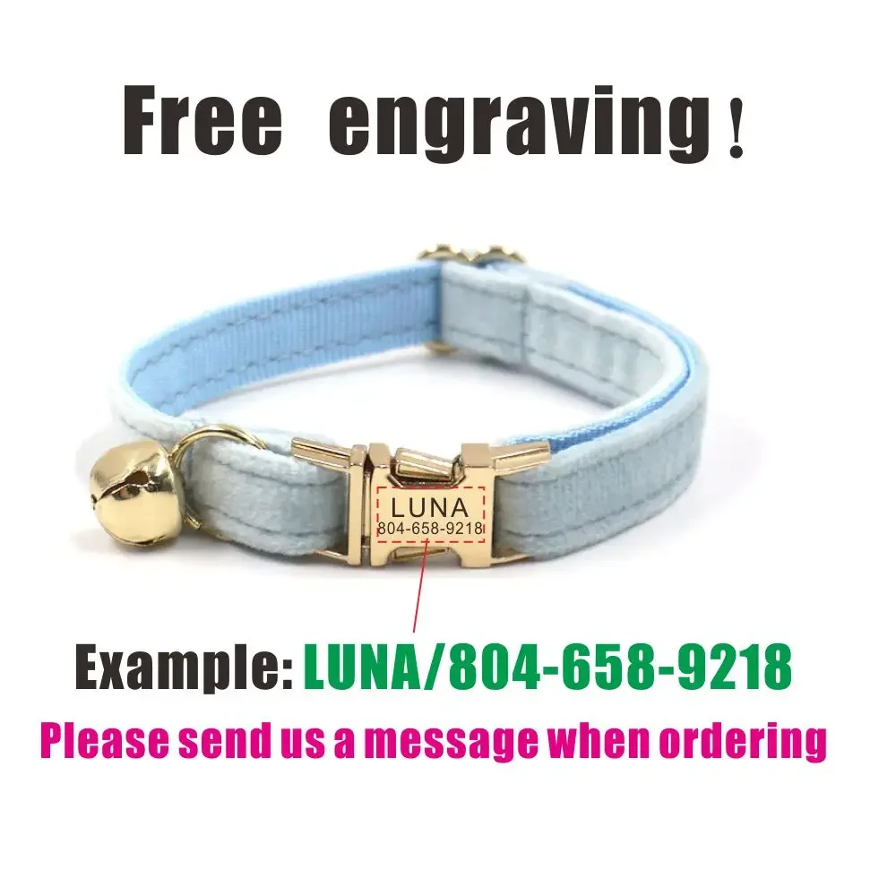 Collar de gato personalizado, contactos de nombre de identificación personalizados, hebilla de metal, collares de gato de terciopelo azul claro ajustables con campana - imagen 4