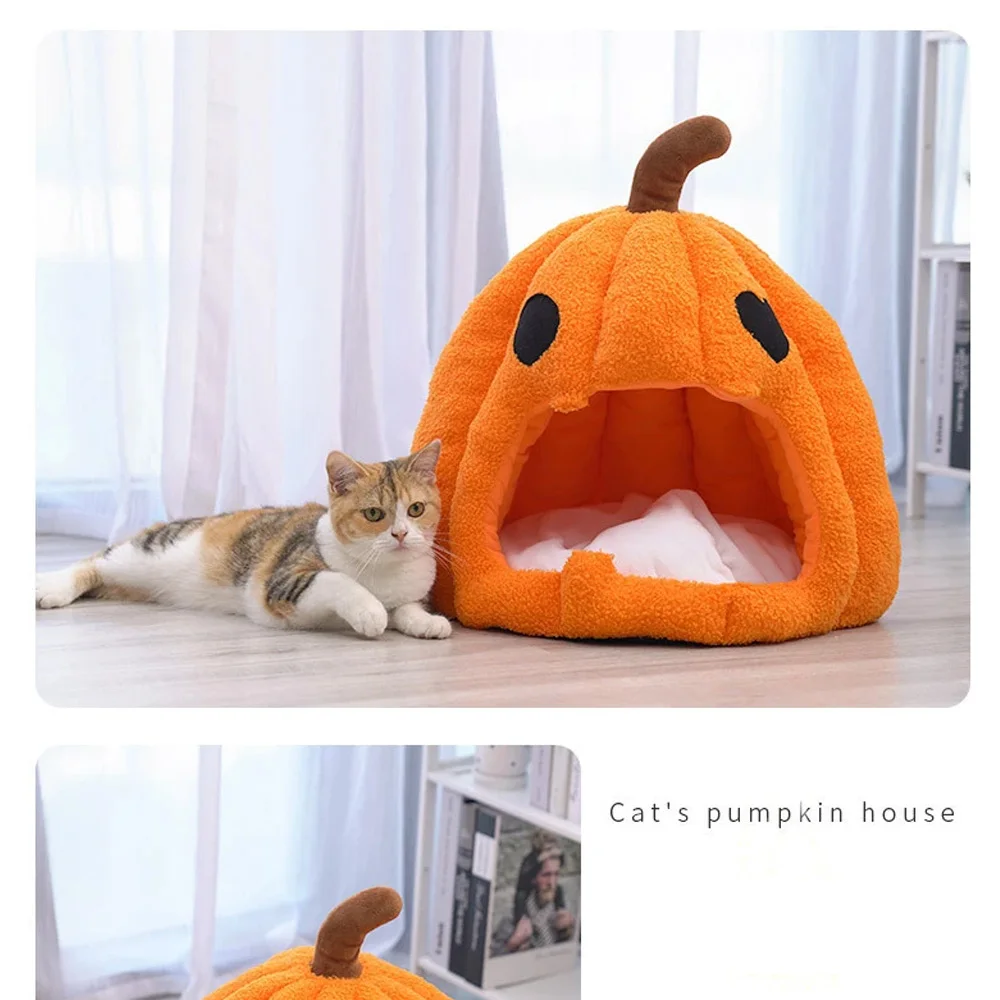 Cama nido calabaza para gatos y perros pequeños – Cueva acogedora con cojín extraíble - imagen 3