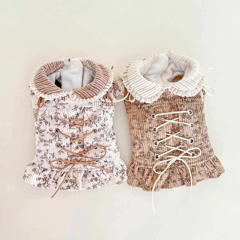 Otoño Invierno encaje a rayas muñeca Collar Base camisa lindo pana chaleco con cordón mangas de burbuja de felpa conjunto de falda con correa para el hombro