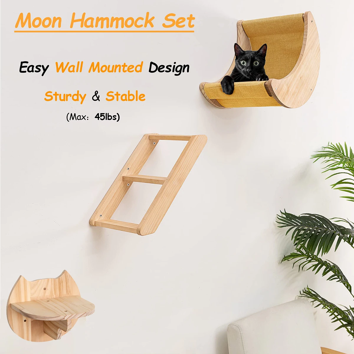 Estante para gatos, hamaca de pared, estantes de escalada en forma de luna y perchas, escalera, escalones de madera maciza para actividades, muebles de pared para gatos de interior - imagen 2