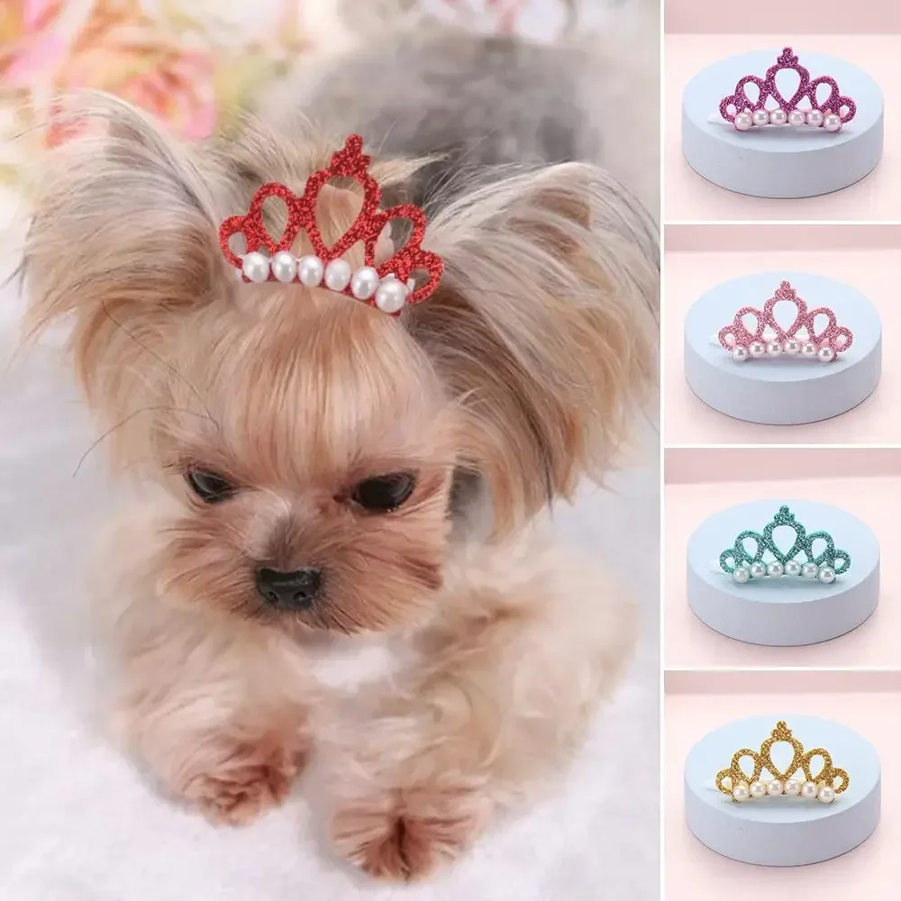 Pinzas para el pelo para perros pequeños, lazos con forma de corona de perlas de imitación, decoración bonita para la cabeza para mascotas, pinzas para el pelo, lazo para el cuidado de gatos, accesorios para mascotas - imagen 2