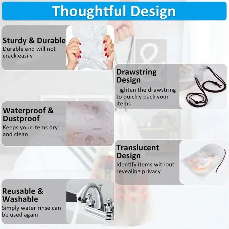Bolsa de almacenamiento ecológica con cordón para almacenamiento de zapatos portátil, bolsa de maquillaje de viaje para artículos diversos, bolsa de almacenamiento de plástico transparente impermeable, 10 Uds. - imagen 5