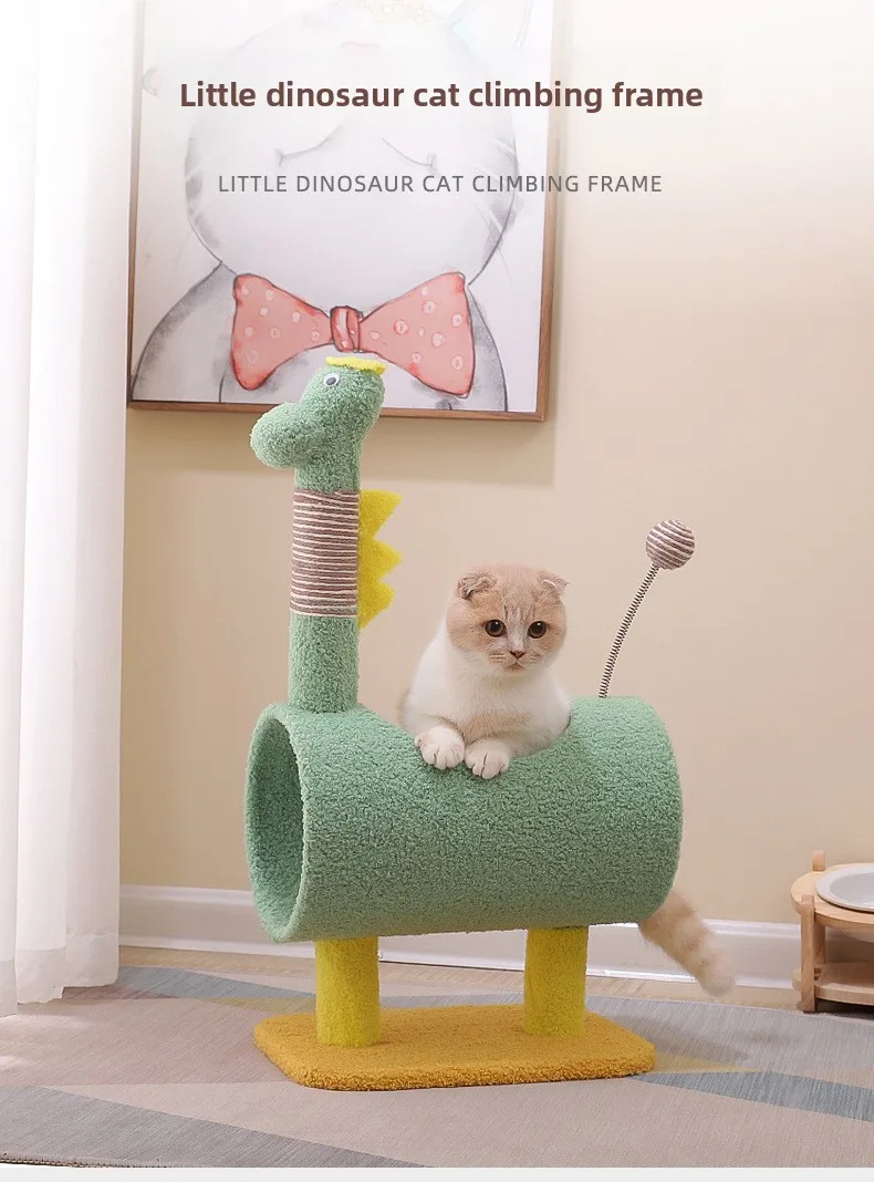 Árbol para gatos con diseño de dinosaurio en entorno doméstico