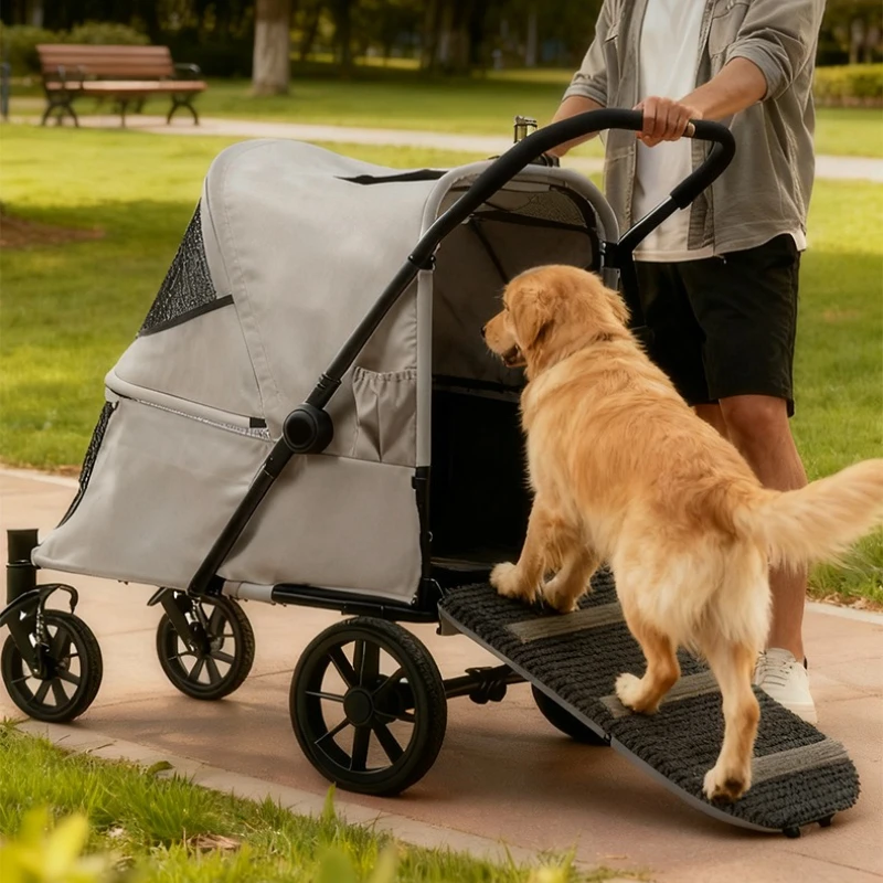 Cochecito plegable para perros, rueda grande con freno de rampa, cochecitos para perros, suspensión para exteriores, cochecito portátil para perros grandes, portador Oxford para mascotas - imagen 4