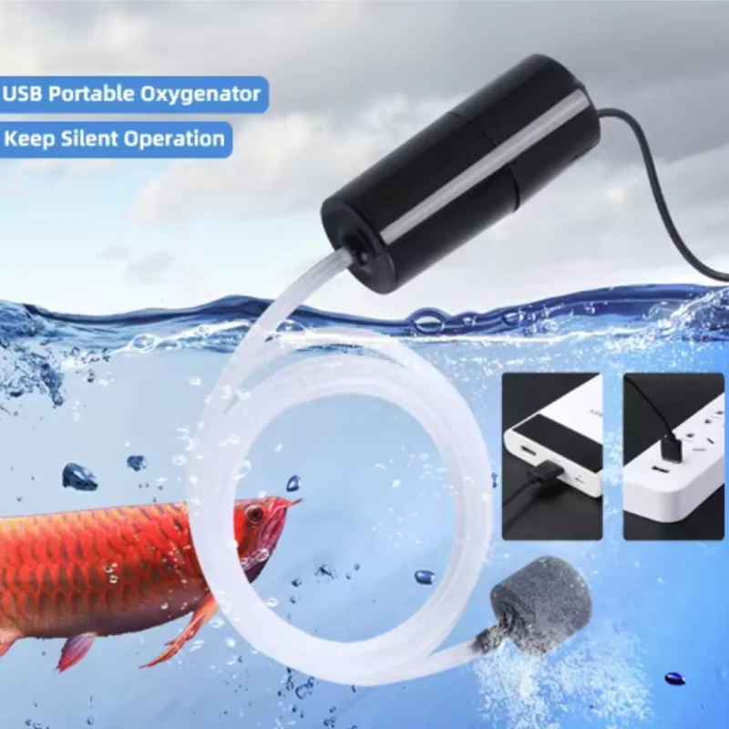 Bomba de oxígeno para pecera USB, compresor de aire silencioso para acuario, aireador, accesorios portátiles para soporte de vida acuática