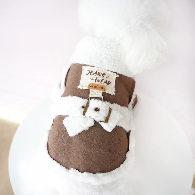 Abrigo de gamuza empalmado de lana de cordero para otoño/invierno para mascotas con peluche de tracción y ropa cálida de terciopelo Parkas de ante de una pieza para perros