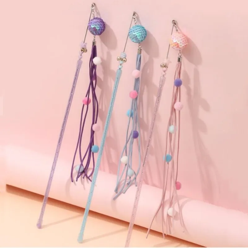 Bola de lana con borla para gato, palo con lentejuelas, pluma interactiva, suministros para mascotas - imagen 2