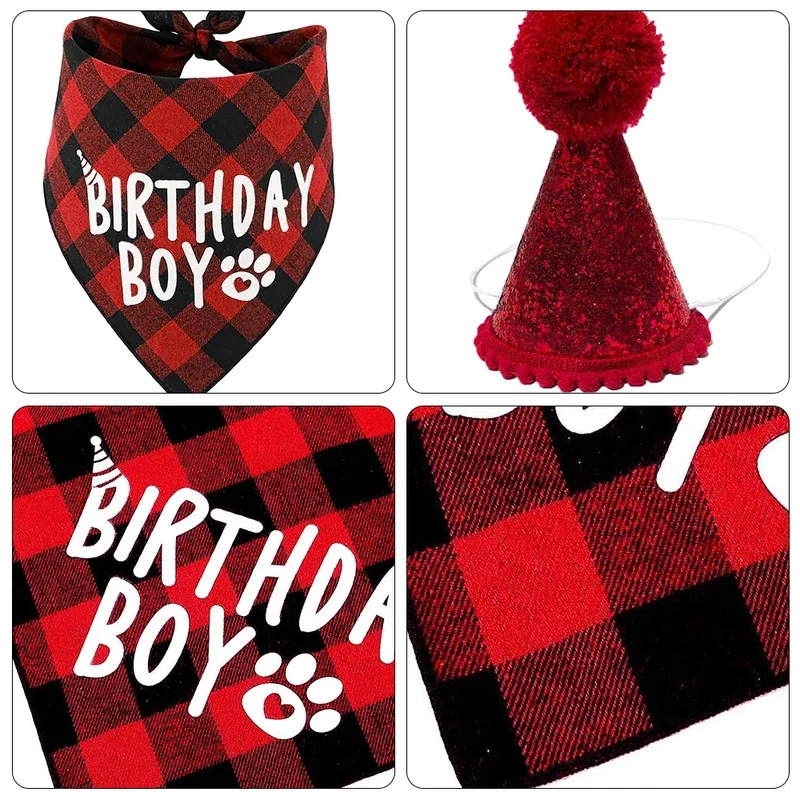 Conjunto de sombrero bandana para niño de cumpleaños de perro y gato, bonitos suministros de fiesta con estampado a cuadros, accesorio para sombreros de disfraz para celebración de cumpleaños - imagen 5