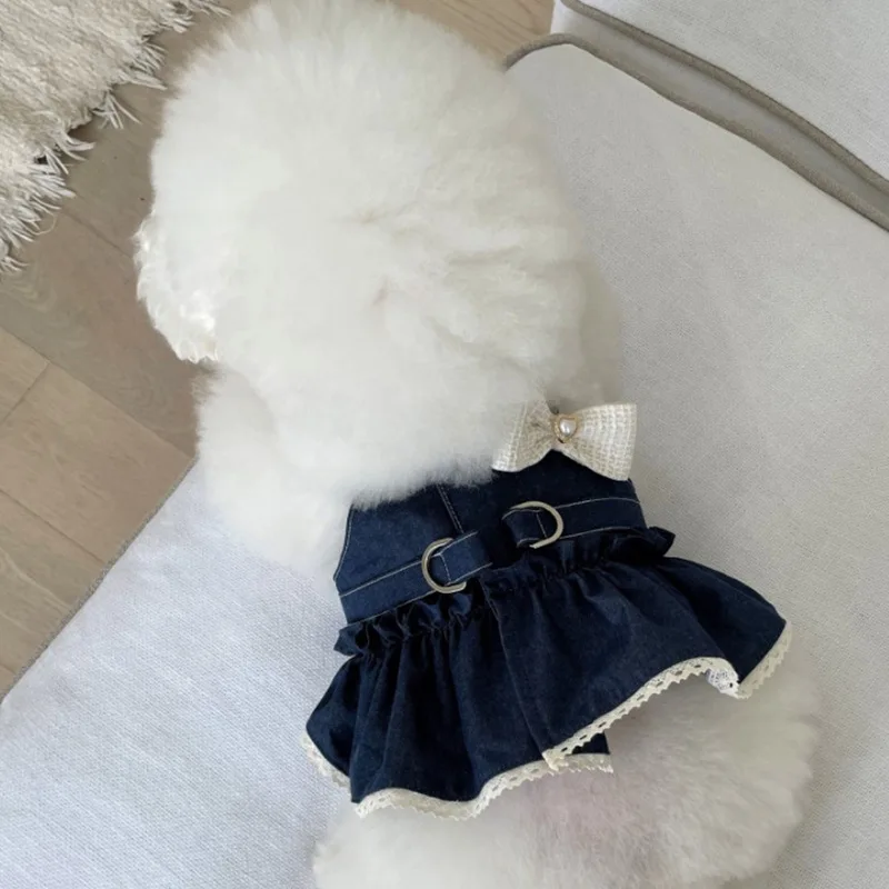 Chaleco vaquero para gatos de primavera para mascotas, vestido con lazo bonito para caminar en el pecho y la espalda, ropa para cachorros, ropa para perros pequeños - imagen 5